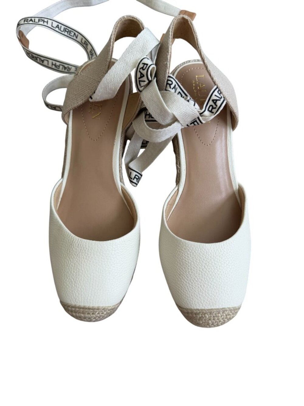 LAUREN RALPH LAUREN Ivory Leather Laceup Espadrilles Wedges Size 7.5 NEW NWOB - Picture 7 of 8